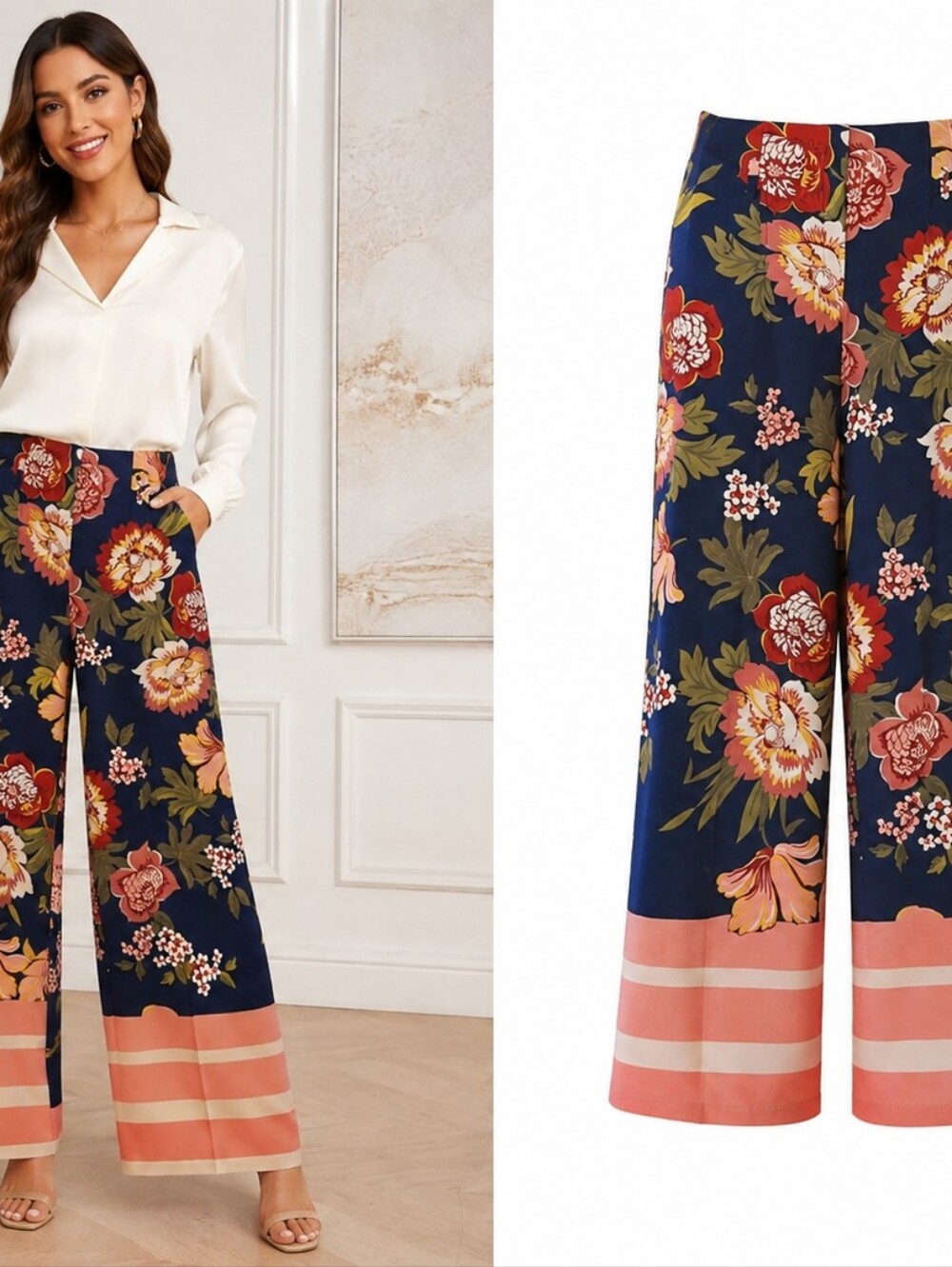 New York & Co Floral Pants High Waisted Rise Wide Leg Navy Blue Pink Sz 14